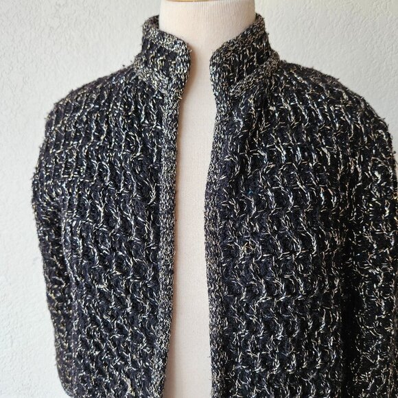 Vintage 70s 80s Black Acrylic KNit Open Front Cardigan Lurex Golden Silver M/L - Picture 2 of 7